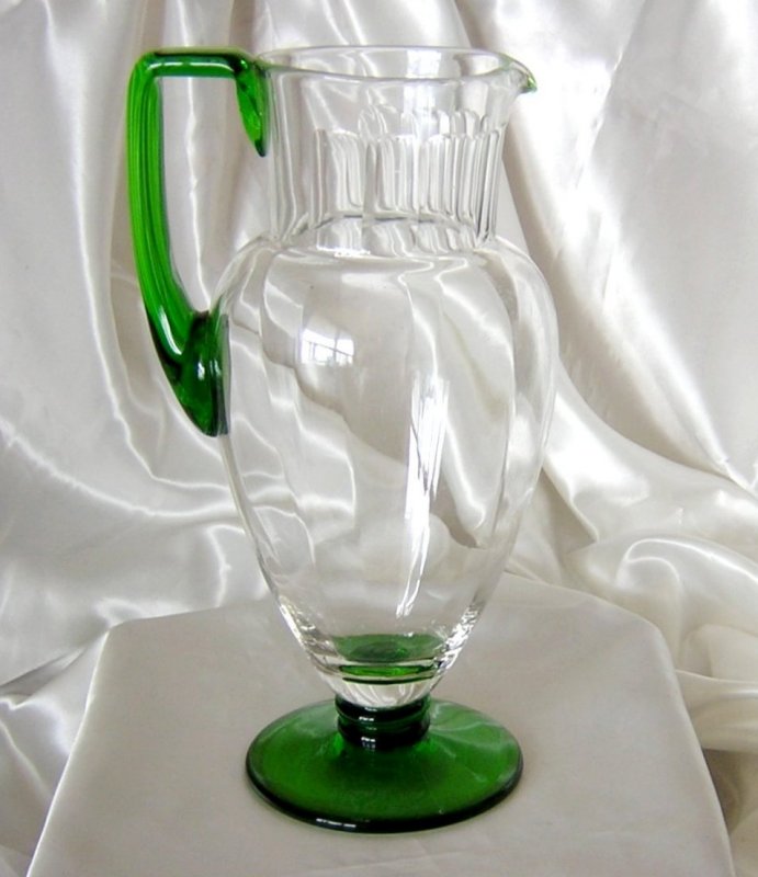 1 - Elegant Clear Glass Internal Paneled Pitcher Jug Decanter Faceted Neck Applied Green Handle.jpg