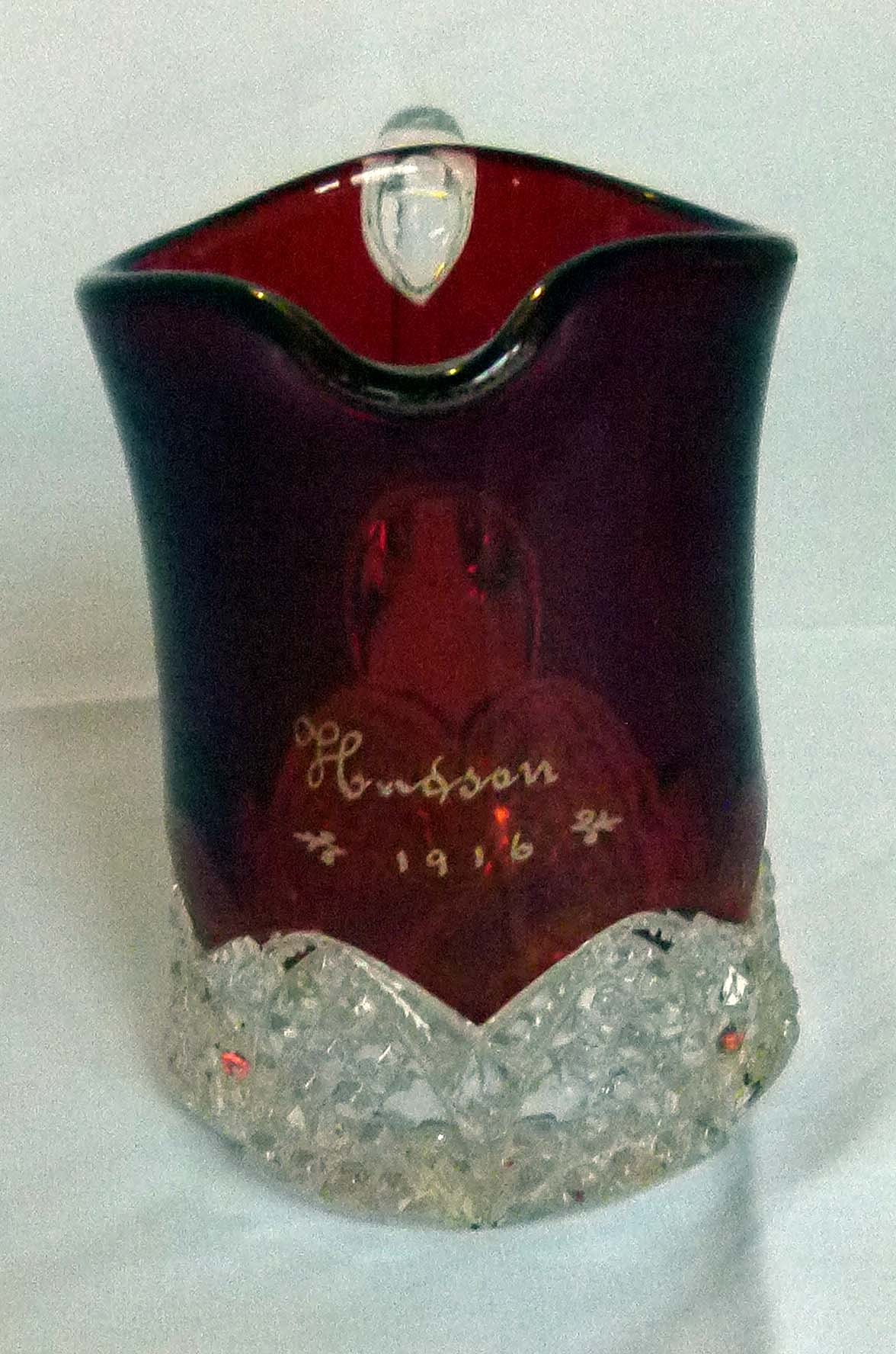 13. Cranberry and cut glass jug inscribed Hudson 1916 Walton Glass.jpg