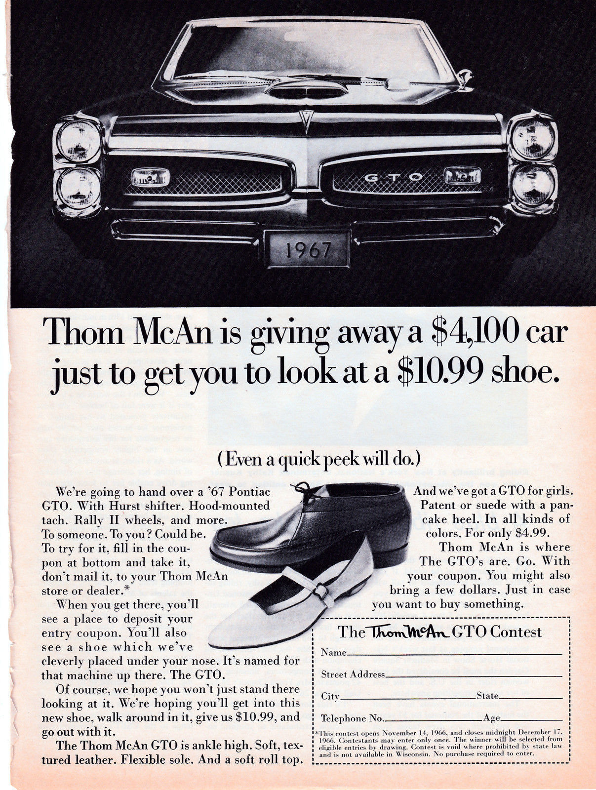 1967 Pontiac GTO Original Magazine Ad - Thom McAn Shoe Contest Prize Car $4,100.jpg