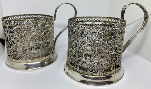 Russian Silver Plate Filigree Tea Cup Holder with Glass Insert #1