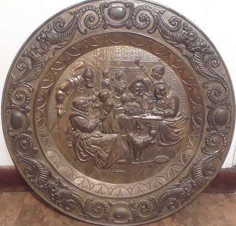 Small Antique/vintage Brass Wall Plaque Drinking Revelry Scene Design Made  in England. 