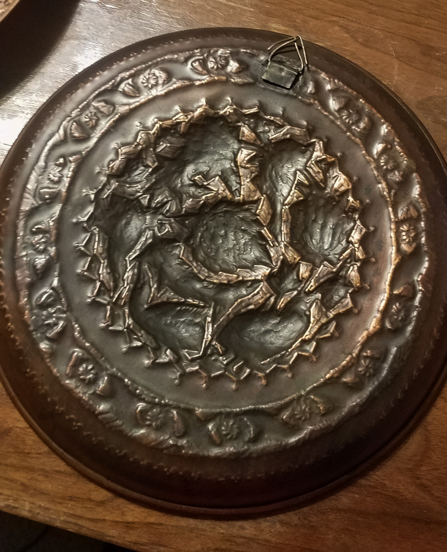 Copper Plate with Islamic Persian Decorative Repousse
