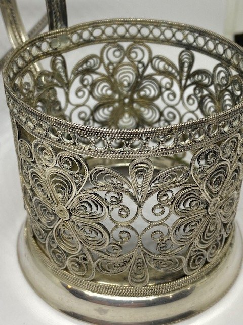 Russian Silver Plate Filigree Tea Cup Holder with Glass Insert #1