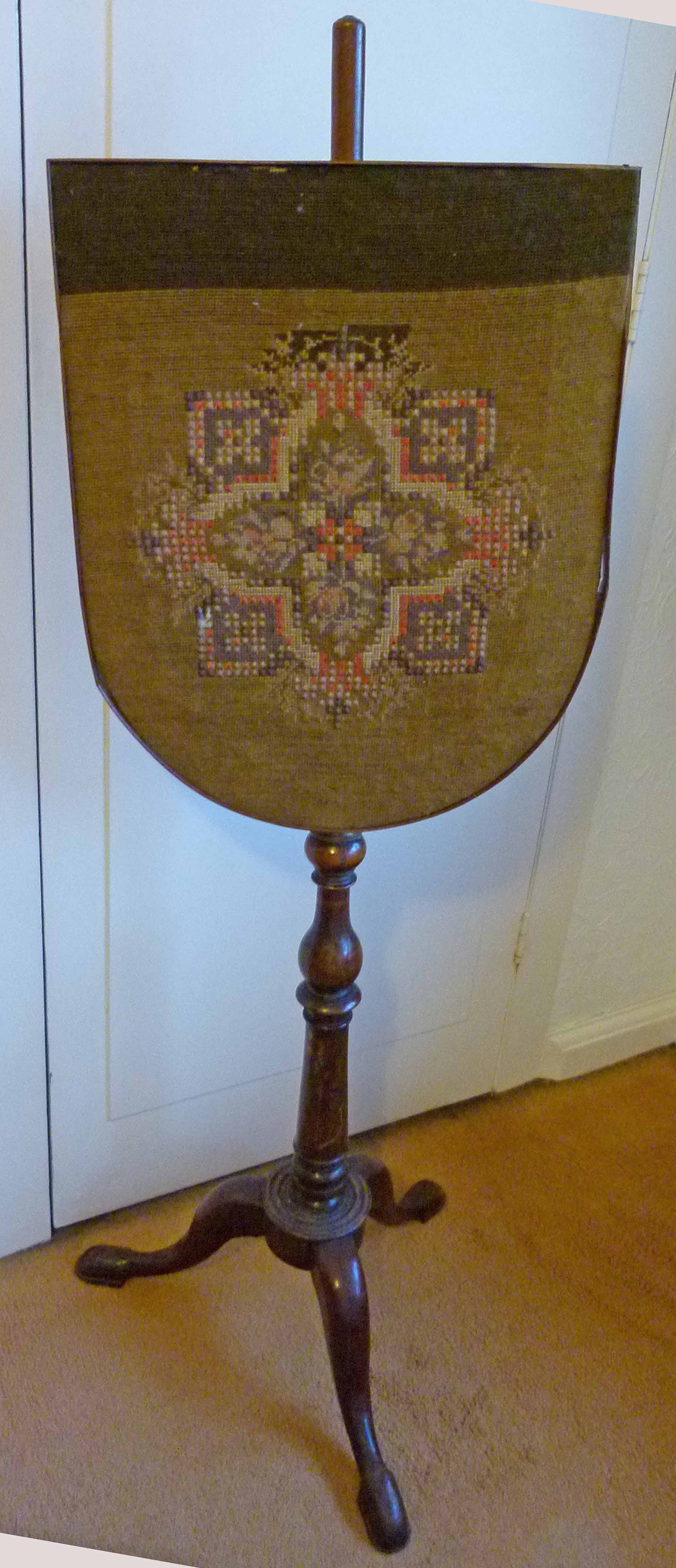 6. Early 19th C mahogany pole fire screen with orignal tapestry, paper and brass fitments.jpg