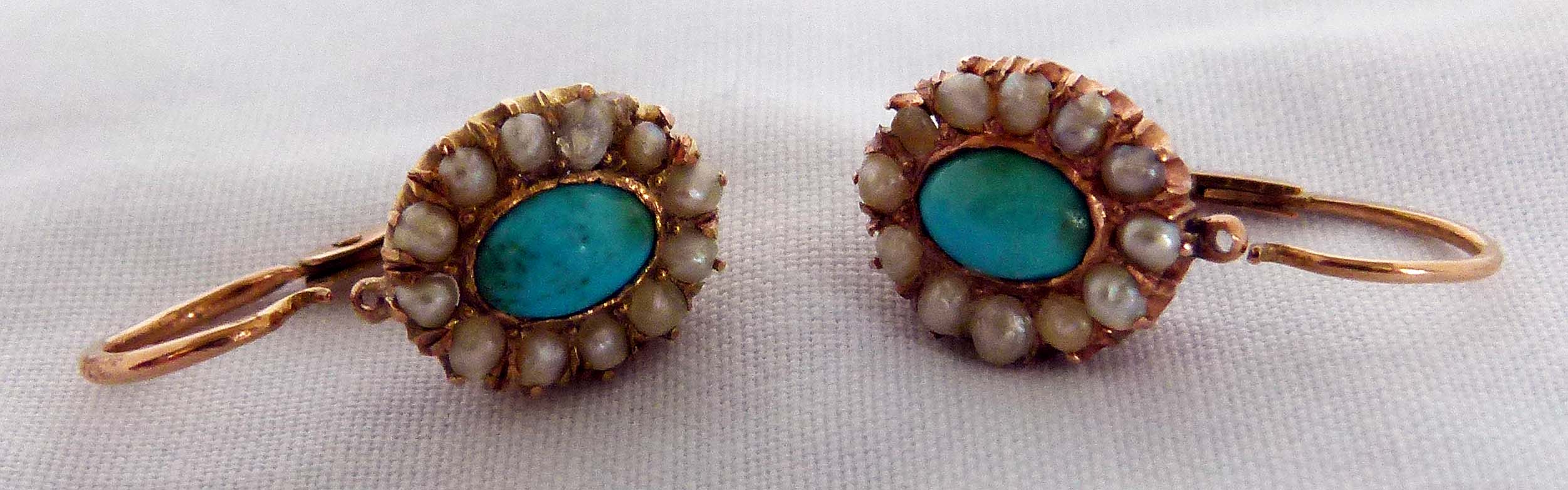 6. Pair Russian rose gold earrings 18ct set pearls & turquoise USSR hallmark.jpg