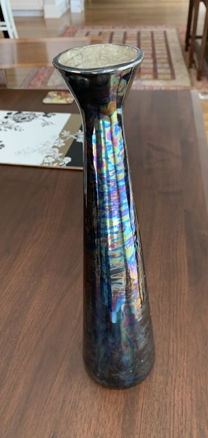 Tall Slender Iridescent Glaze Vase. Maker? French? 