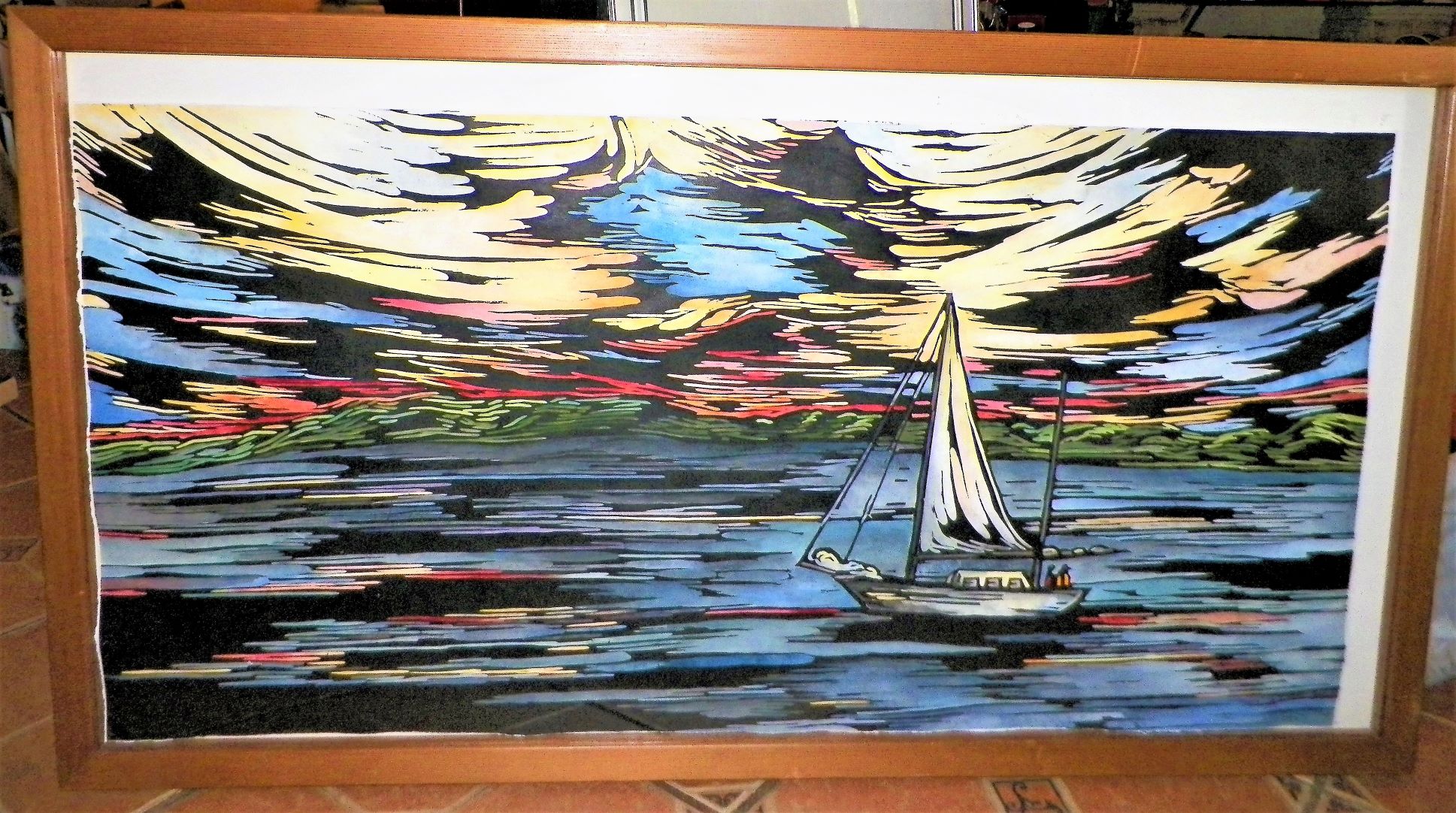 ART PAINTING COLORFUL SAILBOAT WATERCOLOR 47 x 23  1AAA.JPG