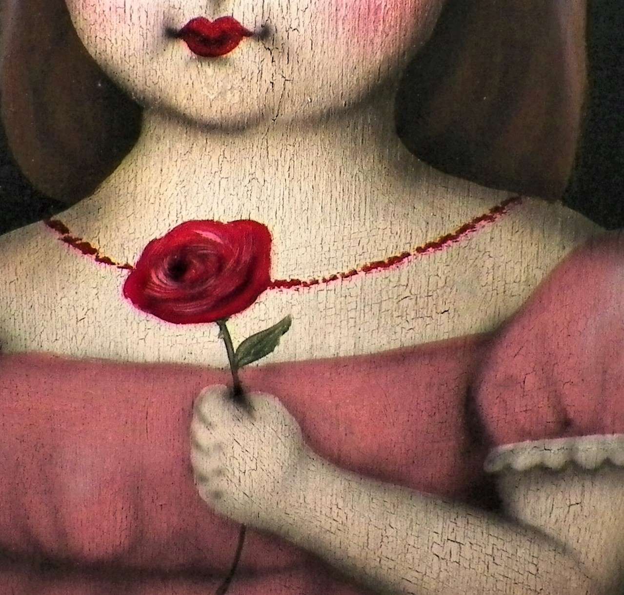 ART PAINTING GIRL WITH RED ROSE FLOWER ON WOOD 6AAAA.JPG