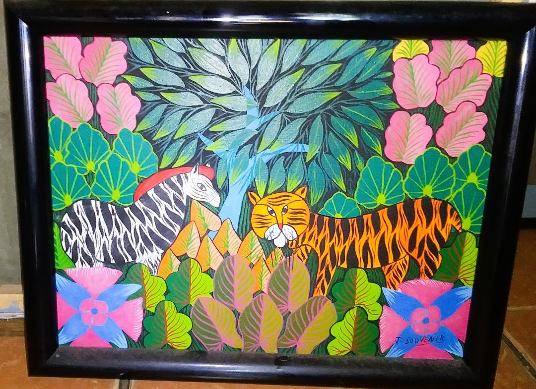 ART PAINTING HAITIAN JUNGLE ANIMALS JN SOUVENIR SIGNED 1AA.jpg