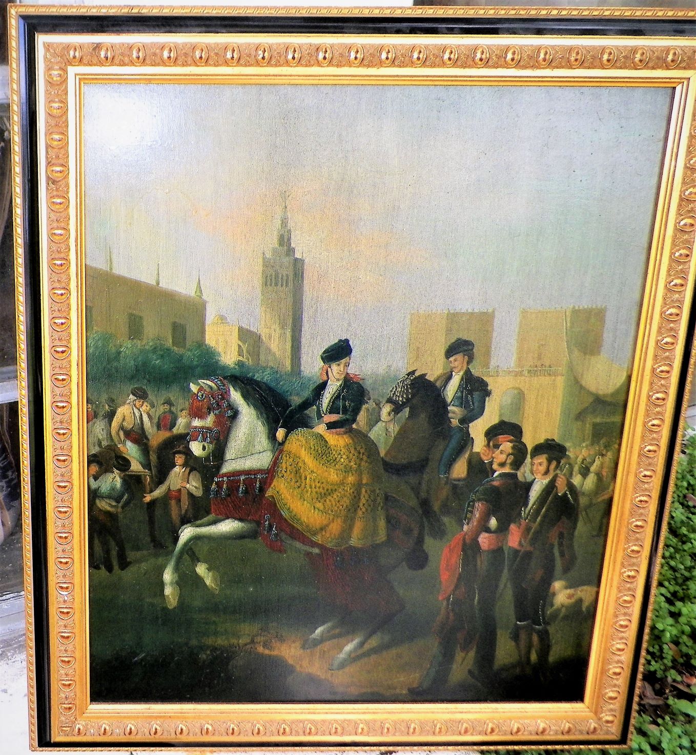 ART PAINTING LADY ON HORSE ANTIQUE PAINTING NO SIGNATURE 1AA.JPG