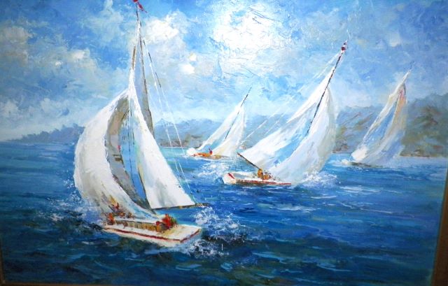 ART PAINTING SAIL SAILING BOATS UNSIGNED 2BAA.JPG