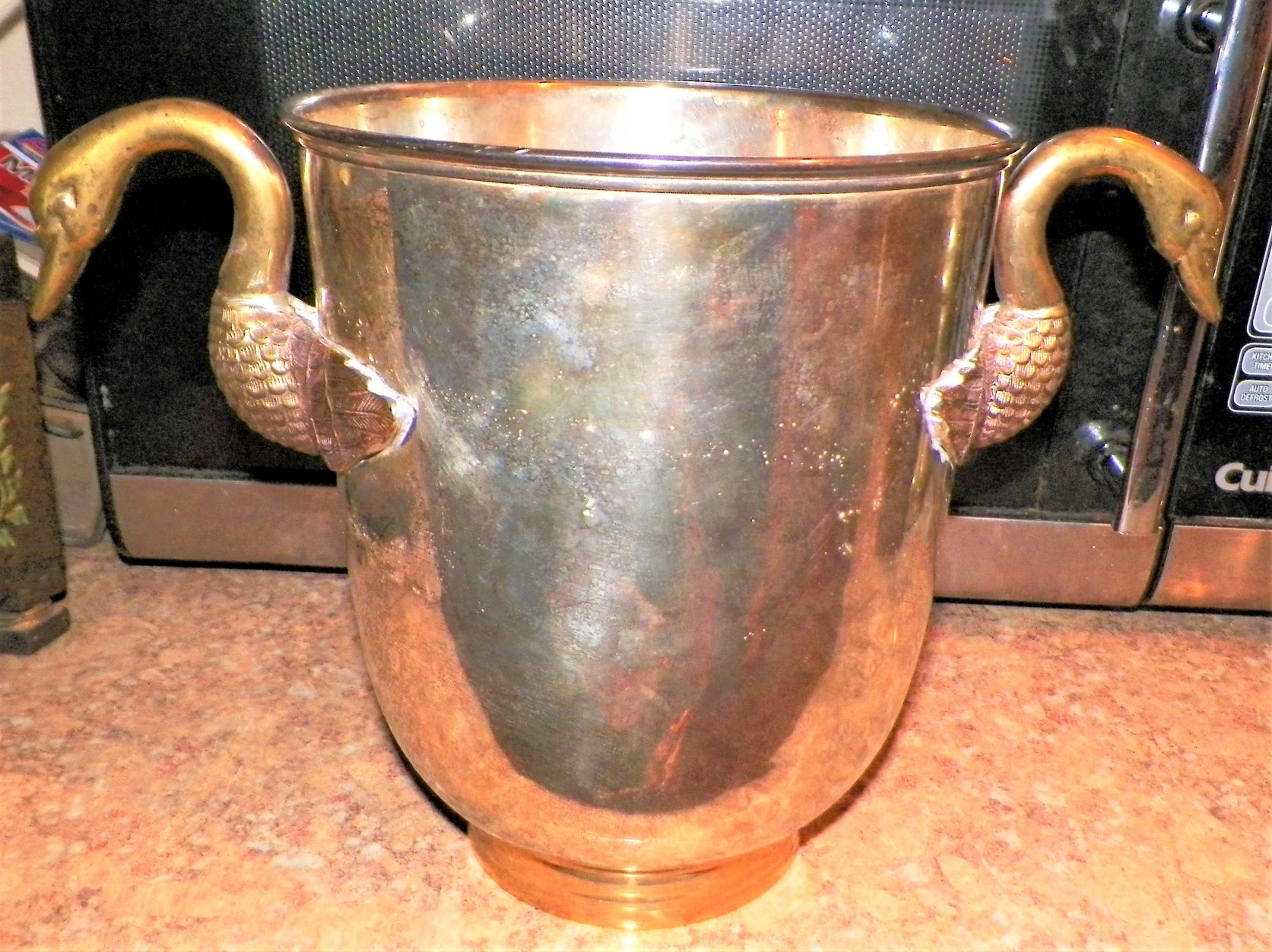 COLLECTIBLE CHAMPAGNE BUCKET WITH SWAN HANDLES 1AA.JPG
