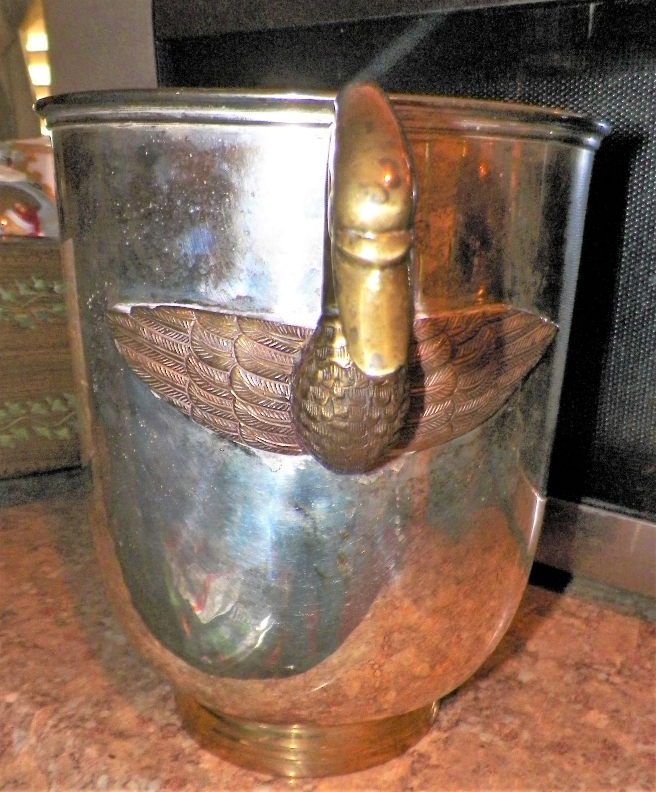 COLLECTIBLE CHAMPAGNE BUCKET WITH SWAN HANDLES 2AA.JPG