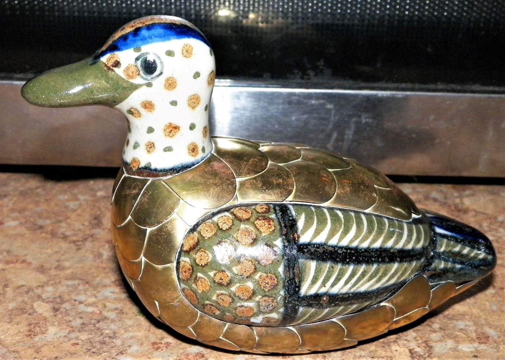 COLLECTIBLE DUCK BRASS HAND PAINTED & SIGNED 1AA.JPG