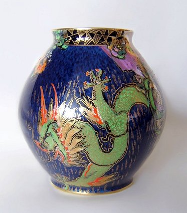 Crown Devon England Royal Blue Art Deco Dragon Small Vase-a.jpg