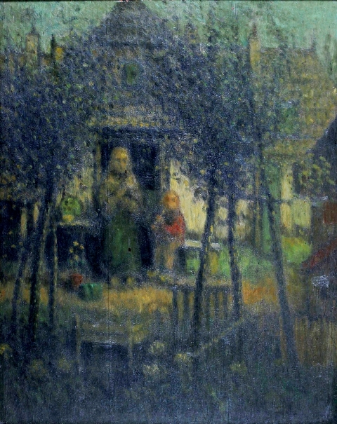 Henri van Daalhof Vrouw en kind voor de boerderij. Paneel 49x39 cm.S.jpg