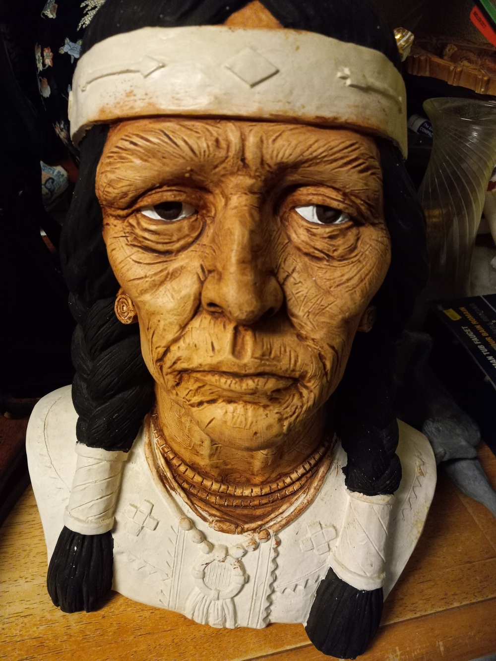 Native American Head Plaster Chalkware Lamp Antiques Board