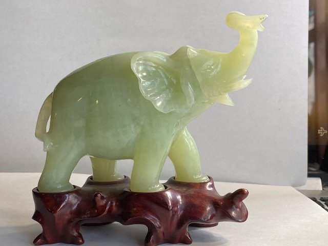 Carved Jade? Elephant on wood stand | Antiques Board