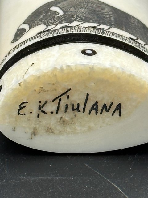 Scrimshaw Walrus Tusk E K Tiulana Antiques Board