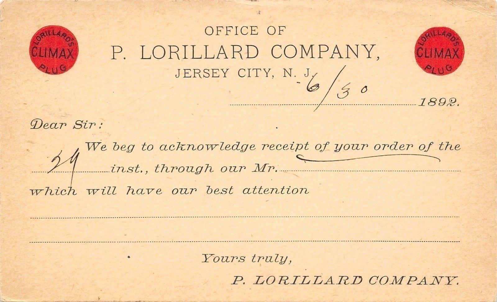 Jersey City~Lorillard Co Ad~Climax Plug~1892 Postal~Bishop & Bidwell~Norwich CT.jpg