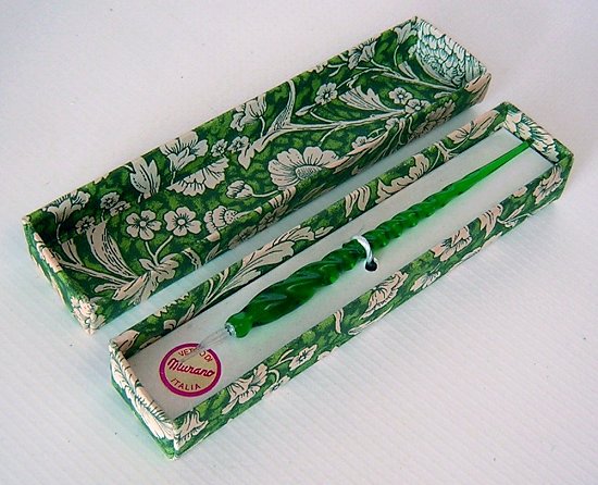 Murano Italian Art Glass Pen Green Twist Handle Clear Fluted Nib-a.jpg