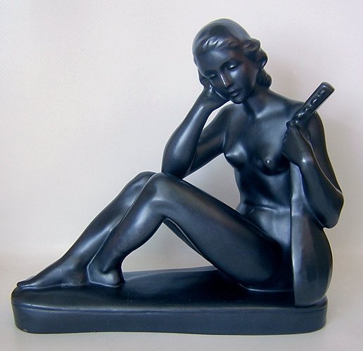 Original Heissner Black Glaze Nude Lute Figurine Statuette-a.jpg