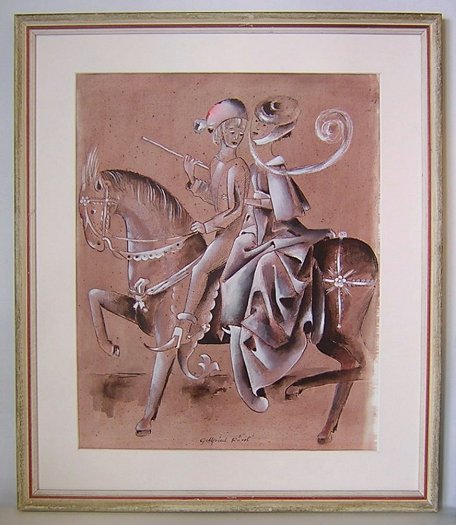 PaintingWatercolorPuceMidCenturyMedievalCoupleManWomanHorse-a.jpg