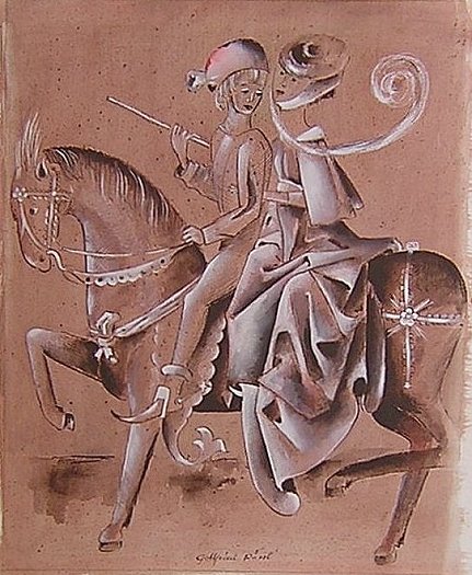 PaintingWatercolorPuceMidCenturyMedievalCoupleManWomanHorse-b.jpg