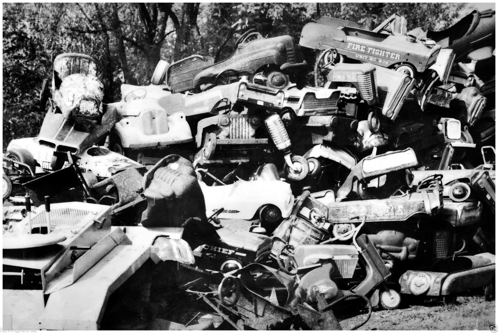 Pedal Cars in a WWII scrap yard for metal drive 8 x 10 photograph.jpg