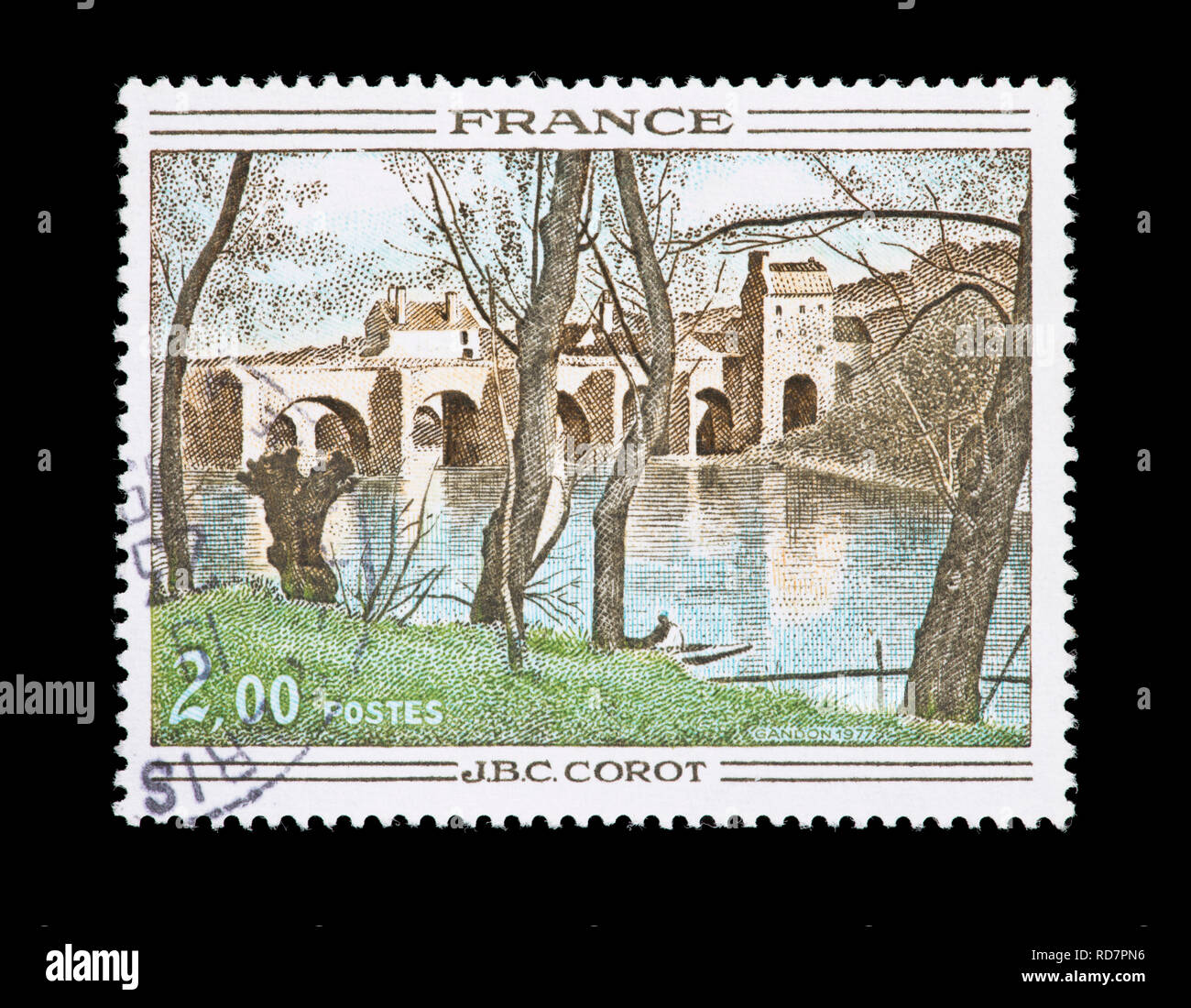 postage-stamp-from-france-depicting-the-corot-painting-bridge-at-mantes-RD7PN6.jpg