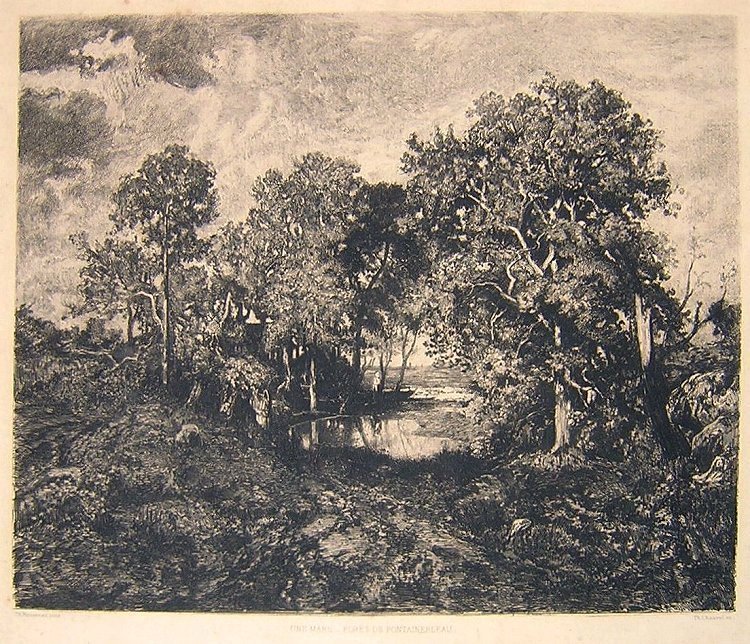 z Print Etching Fontainebleau Forest Trees Chauvel after Rouseau Une Mare.jpg