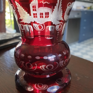 9cm Red Ruby glass etched vase