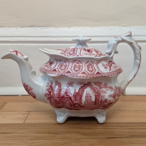 Red transferware teapot