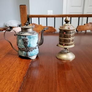 Tibetan Silver Dragon teapot urn and Tibetan prayer wheel