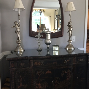 Chinese buffet cabinet and cathedral mirror